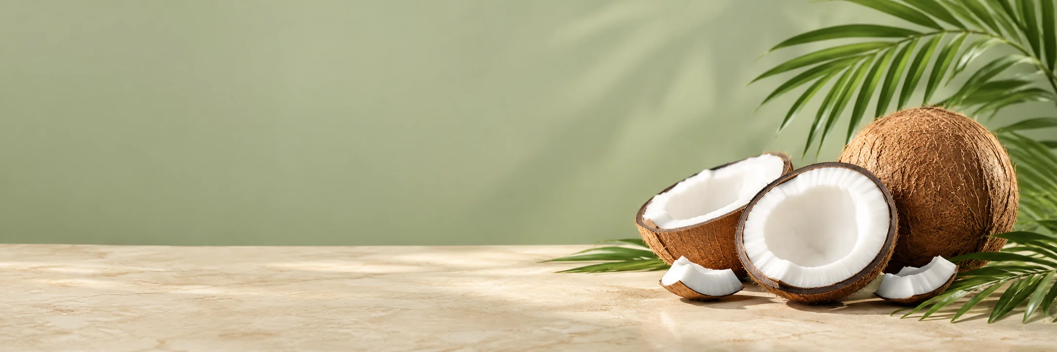 Fresh coconuts and green palm leaves