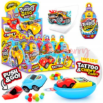 Each 10g egg-shaped 'Turbo Egg' contains: A sweet candy gel, a mini car launcher toy and a temporary tattoo.